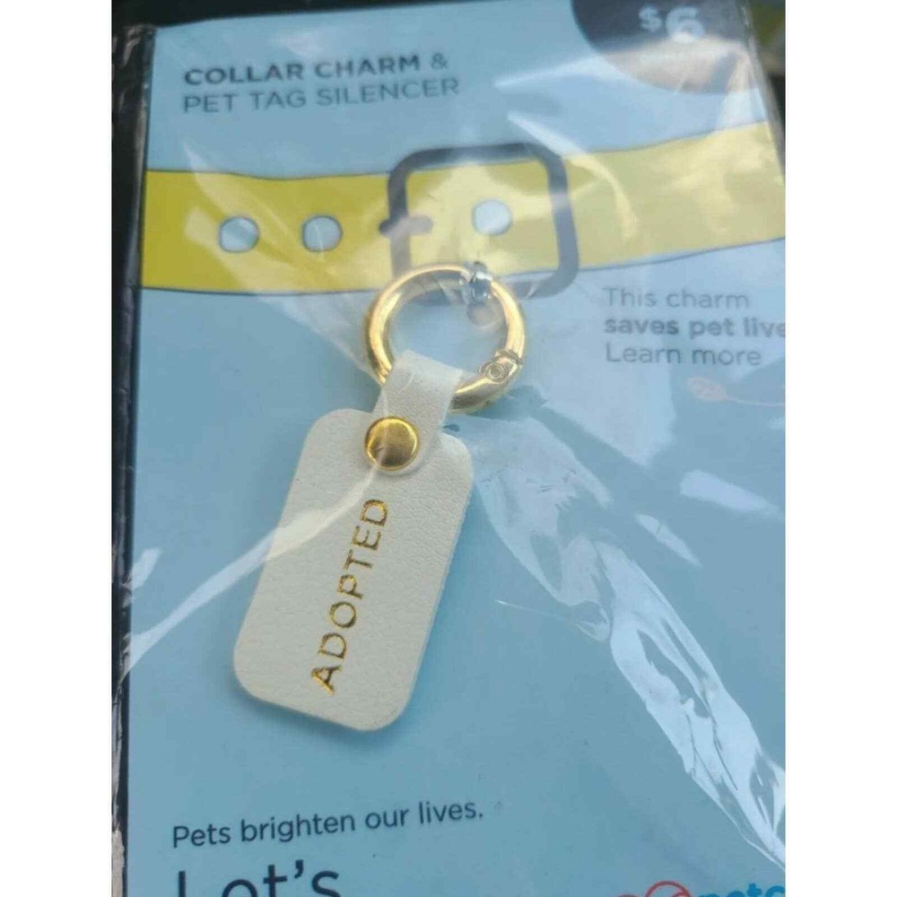 Pet Collar Charms "Adopted" Gold Print on White Tag With Gold Clasp Tag Silencer
