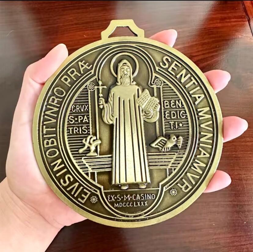 Catholic St Benedict Large 5” Medal 5oz Golden Color Medalla de San Benito