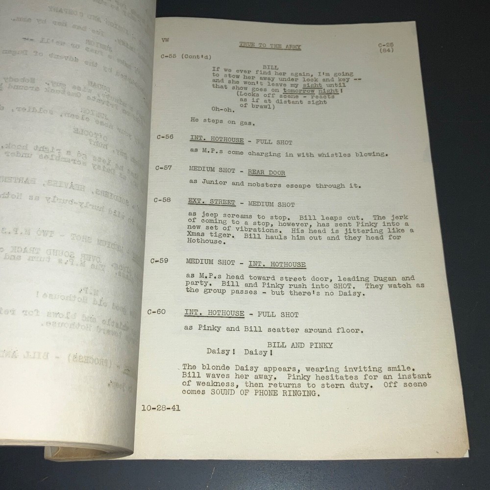 Original 1941 True to the Army Movie Script Paramount Sequence Drafts Archive CO