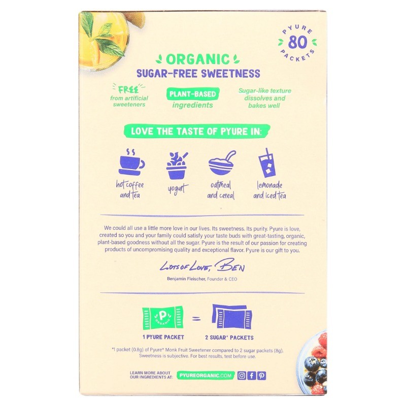Pyure Organic Monk Fruit Blend Granular Sweetener Packets 80ct