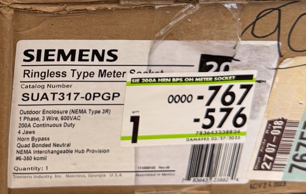 Siemens SUAT317-0PGP Ringless Type Meter Socket 200A