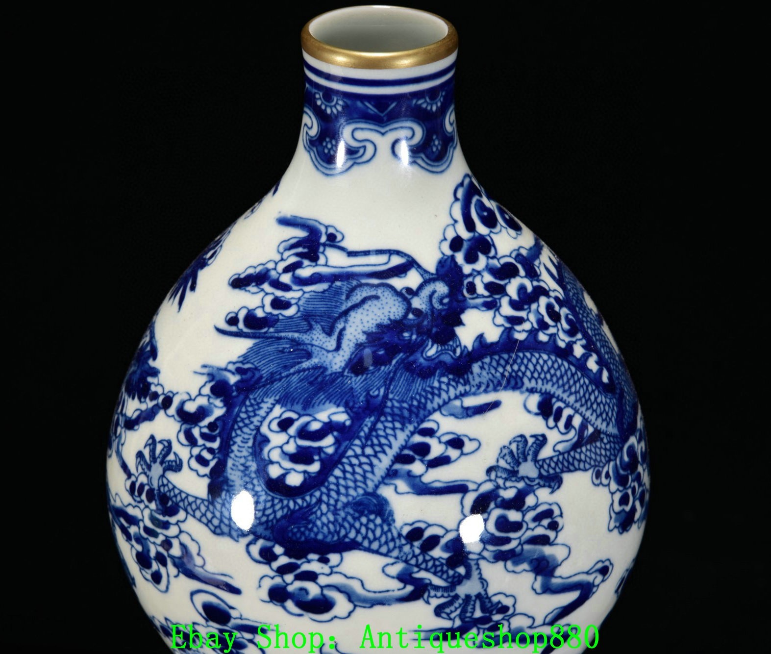 16.5''Yongzheng Blue White Porcelain Gold Dragon Beast Gourd Bottle Vase Pair