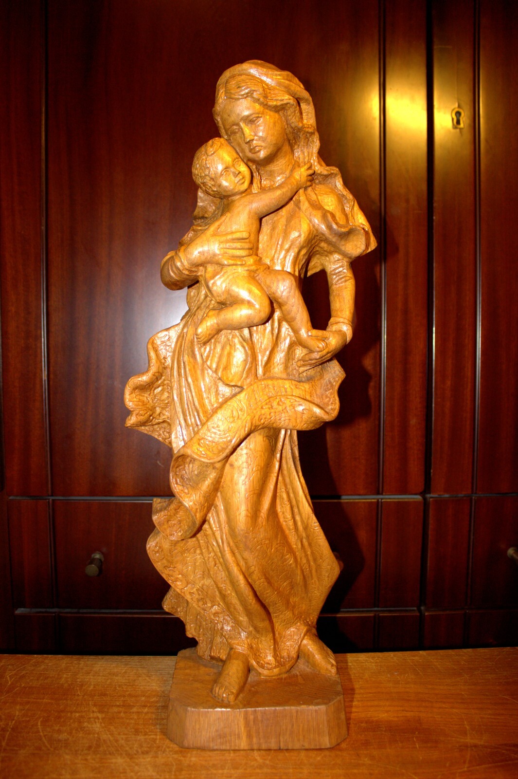 ANTIQUE 20" HAND CARVED WOOD CATHOLIC VIRGIN MARY OUR LADY JESUS STATUE FIGURE