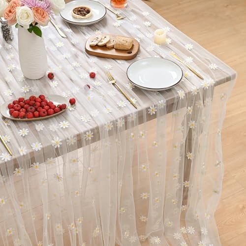 Embroidery Daisy Spring Summer Gauze Tablecloth 60"×84" (Rectangular) White
