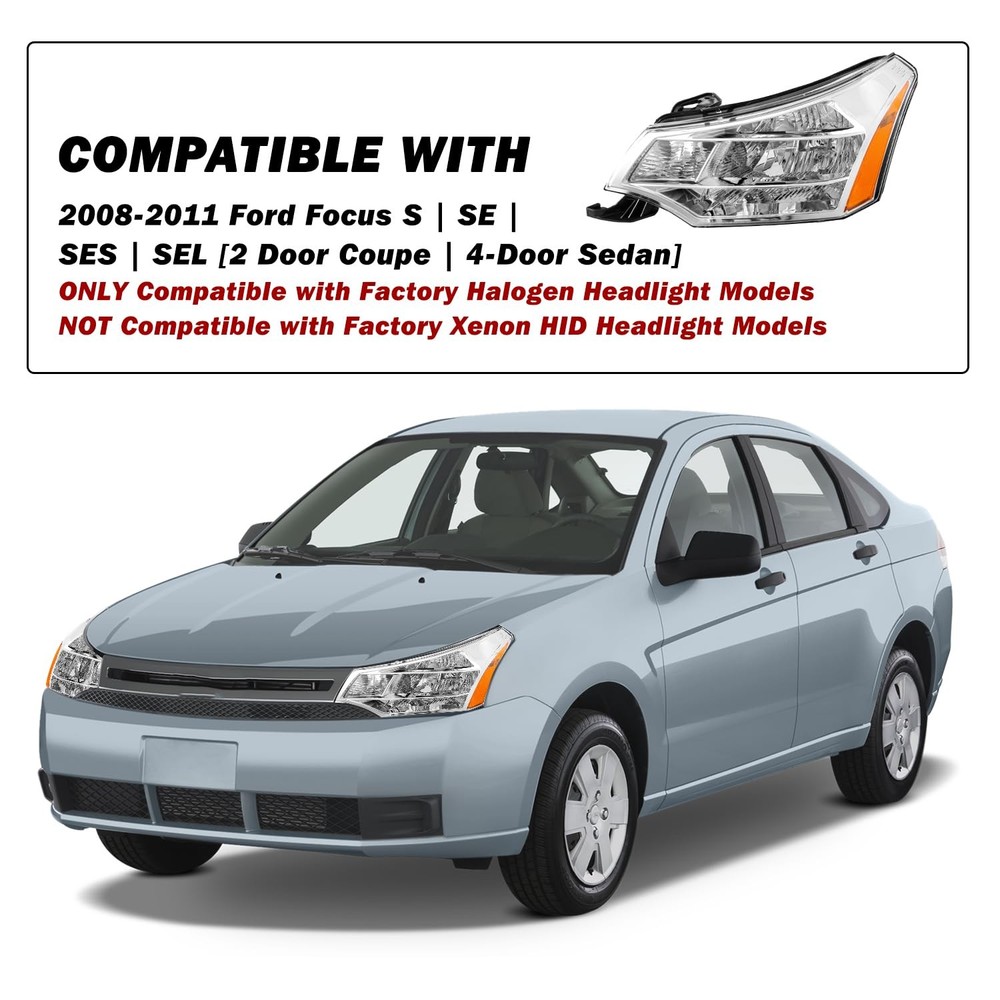 Headlight Assembly for 2008-2011 Focus OE Style Chrome Housing Left Driver