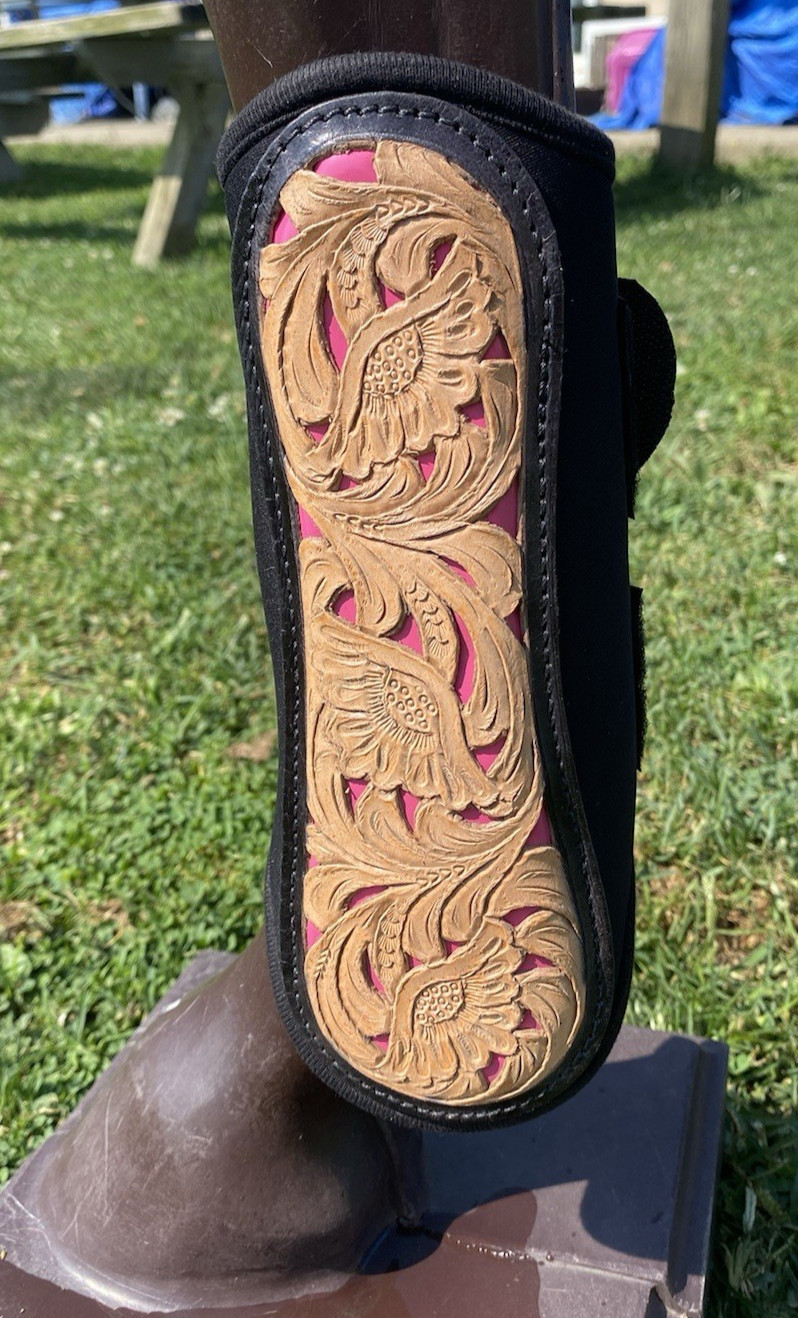 Turn Two black neoprene Splint/Sport boots w/pink filigree leather  M horse
