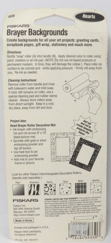 FISKARS Hearts Brayer Backgrounds Decorative Roller 6" Wide Interchangeable