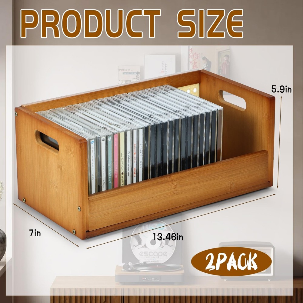 2 Set Bamboo CD Storage Box, Stackable CD Holder Racks Organizer Shelf for Mo...