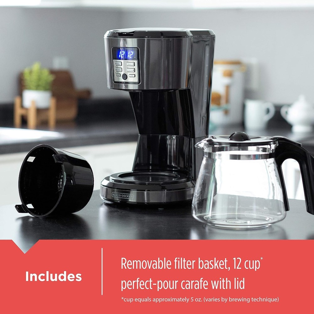 BLACK+DECKER 12-Cup Programmable Coffeemaker VORTEX Technology Black Stainless