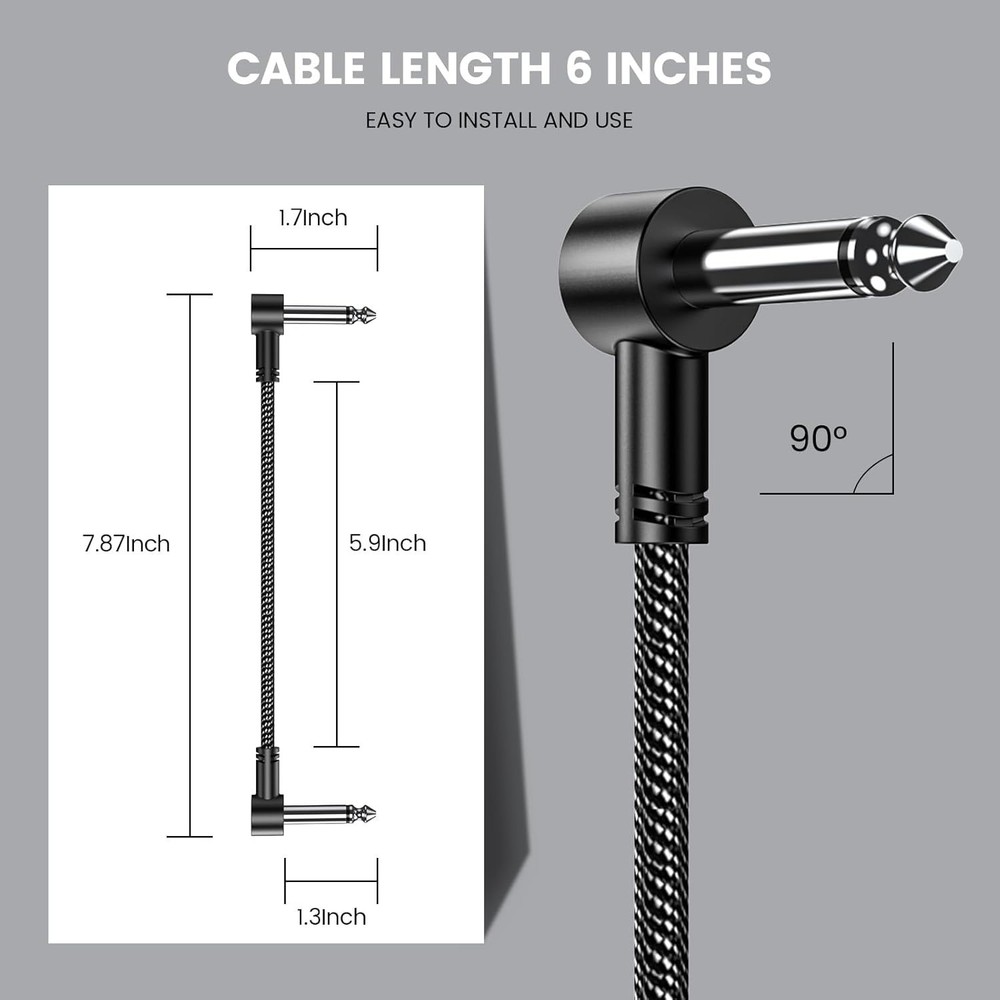 Guitar Patch Cables 3/6-Pack, 6-Inch Right Angle 1/4" TS Flat Cables