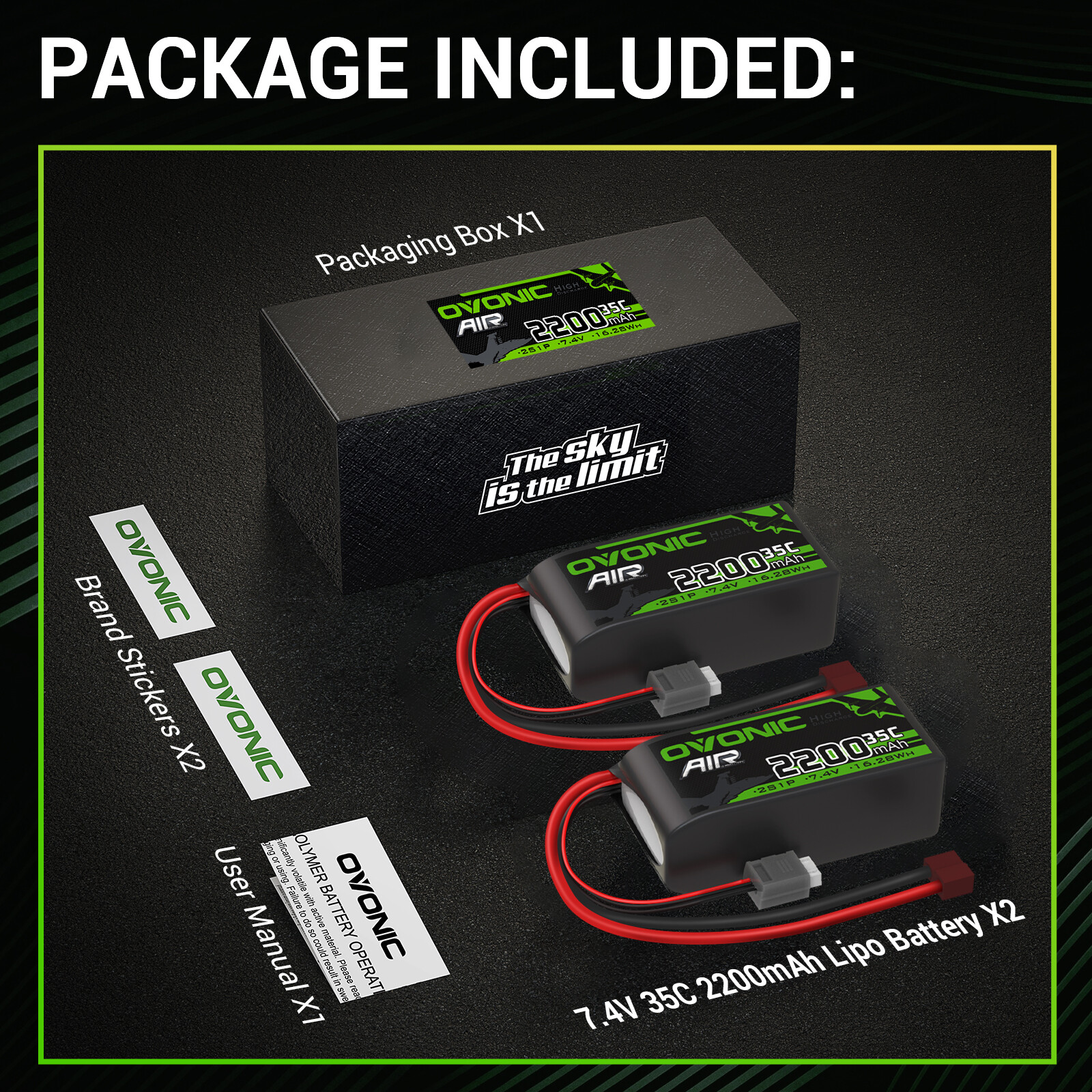 2X OVONIC 7.4V 35C 2200mAh 2S Short LiPo Battery Deans Plug For RC Car Airplane