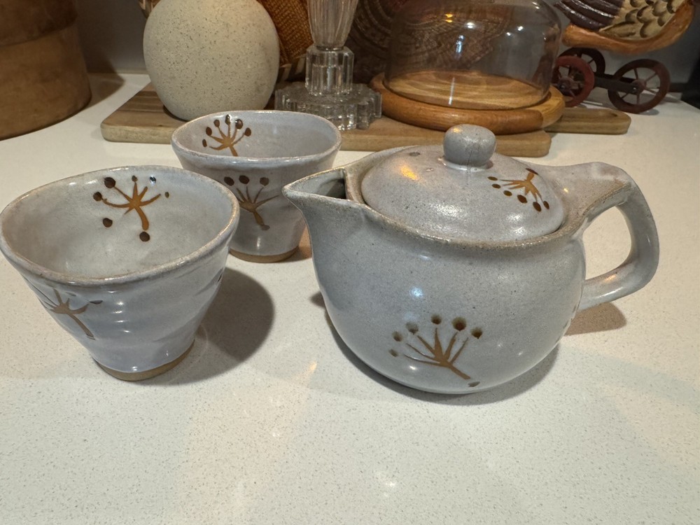 Handmade studio Pottery Teapot set with Lid & 2 Cups Rustic Stoneware Neutral