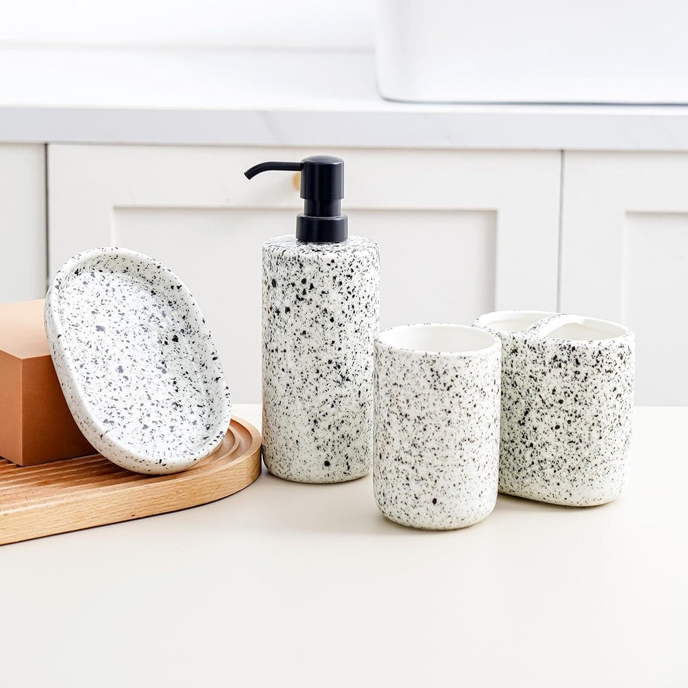 Bathroom Accessories Set 4 Pcs - Featuring Unique Ink-Splattered Design White