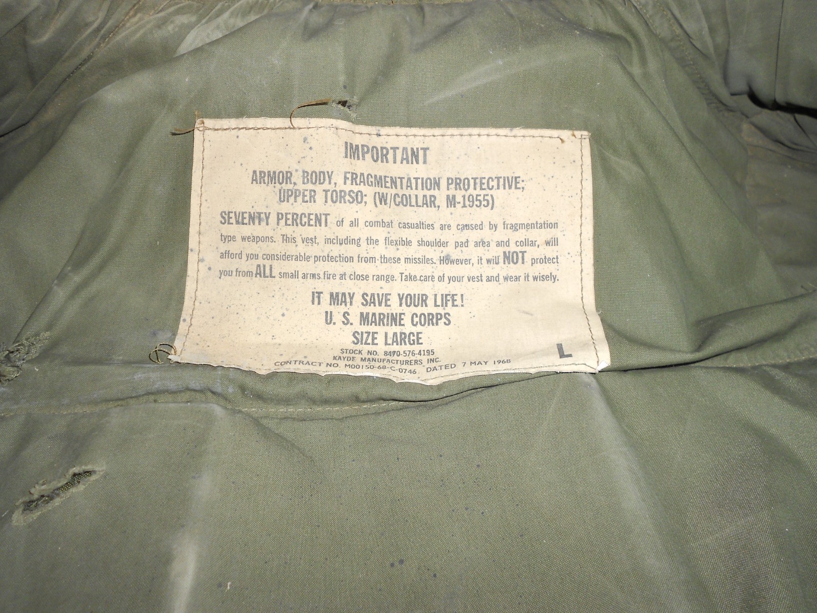 USMC M1955 Flak Jacket Vest w/Inserts Large "Well Worn" Free Shipping