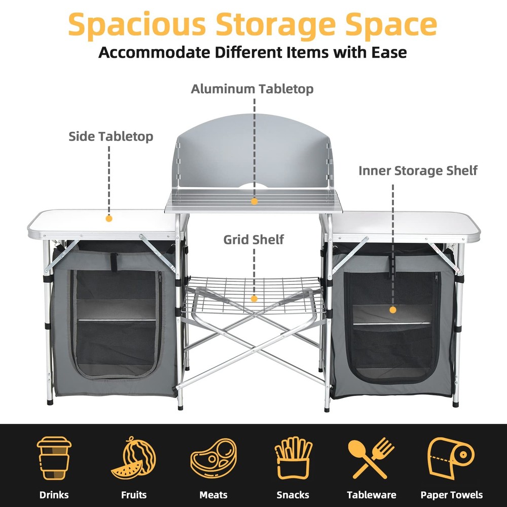 Camping Kitchen Station, Folding Grill Table with 26'' Tabletop, 2 Side Table...