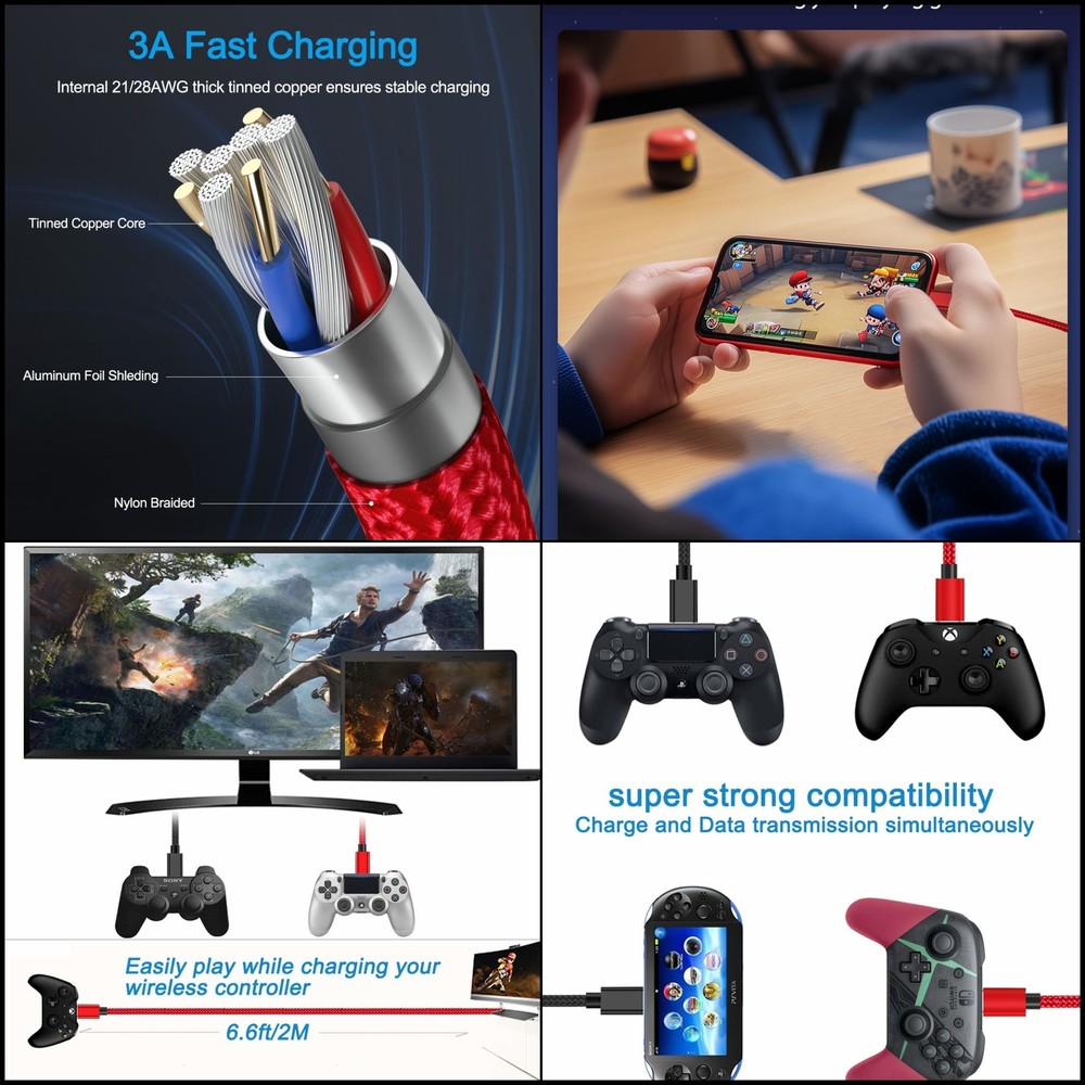 2Pcs 6Ft PS4 Controller Charger Cable for Xbox One Controller Cable,Playstation4