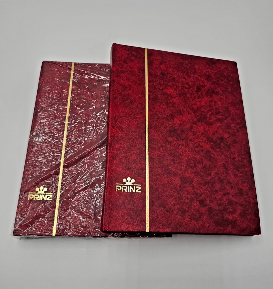 2 Prinz Stock Stamp Books, Black Pages, Red Cover 9" x 12"