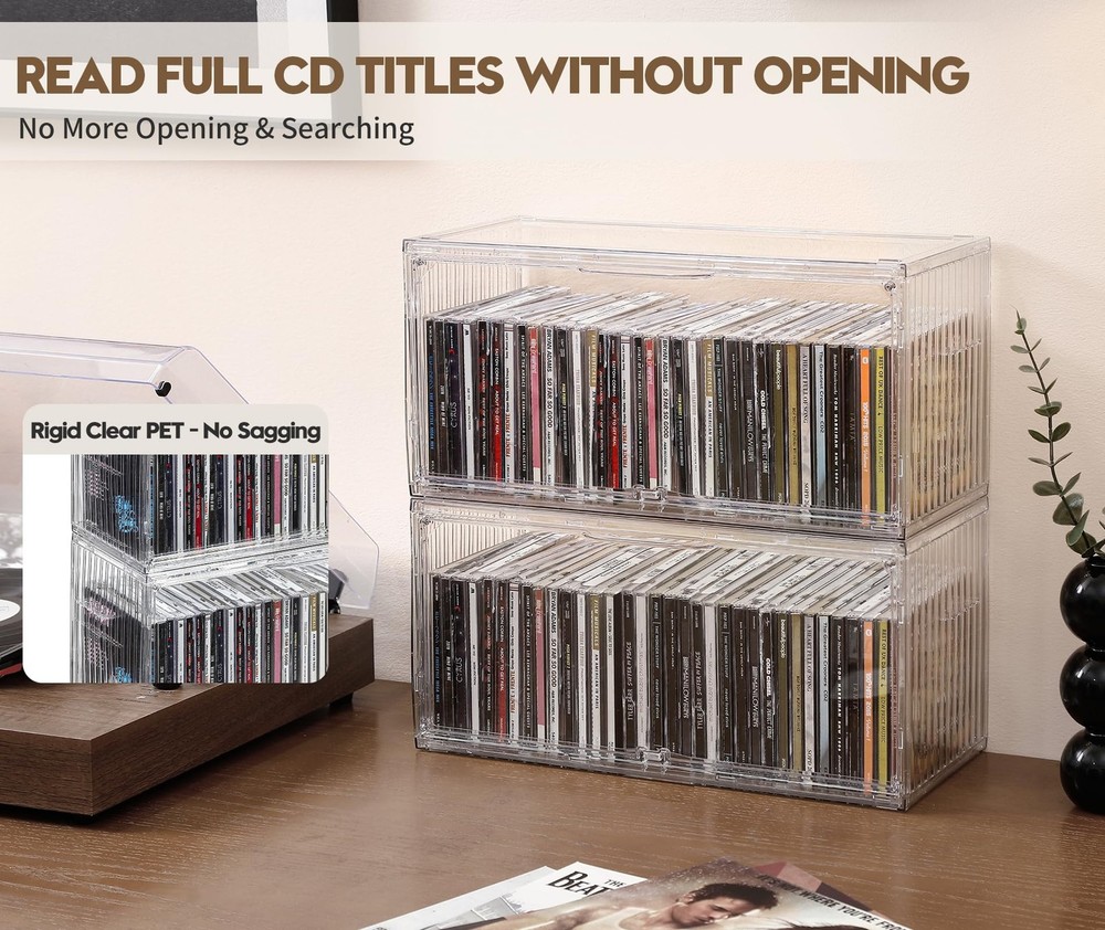 2Pack Clear CD Storage Box Stackable Holder Holds 68 Cases 14.66.37.1 In