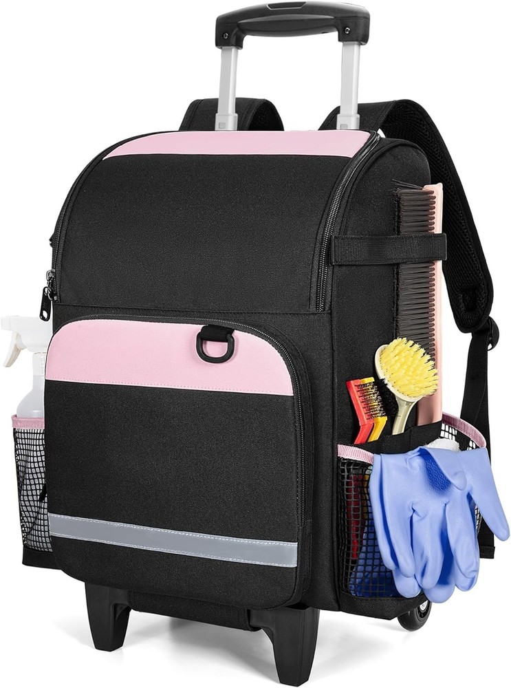 Pink Rolling Cleaning Backpack with Detachable Trolley - Efficient Organization