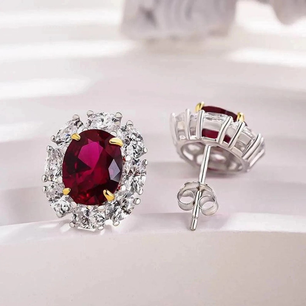 5.00 Ct Oval Cut Natural Ruby Diamond Earring 14K Solid White Gold stud