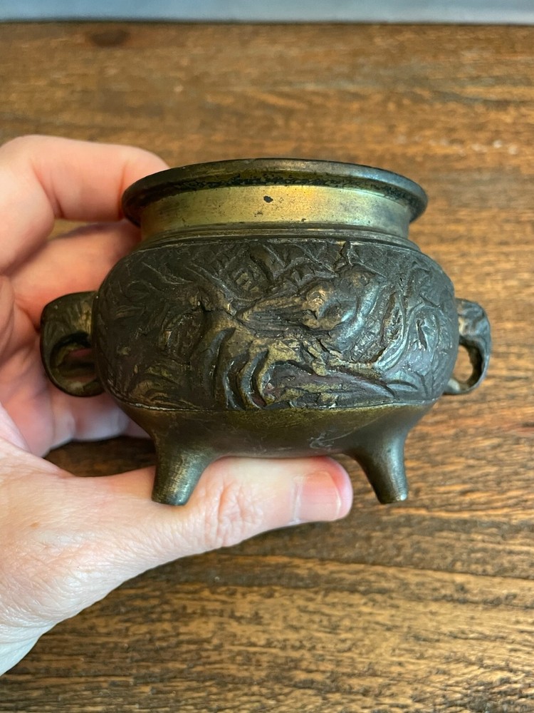 Foo Dog Incense Pot Brass with Elephant Handles