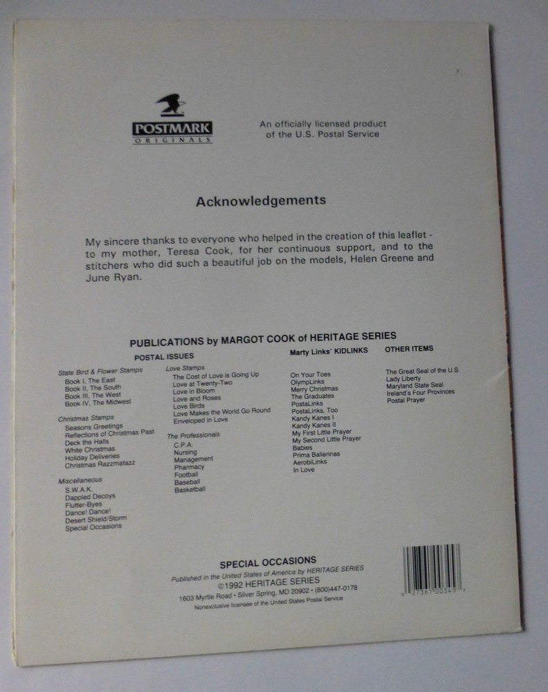 USPS Postage Stamp Cross Stitch Patterns 1992 Special Occasions