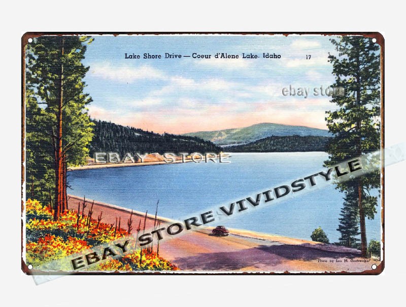 tin sign 1930s-40s Lake Shore Drive- Coeur d'Alene Lake Idaho house decor shops