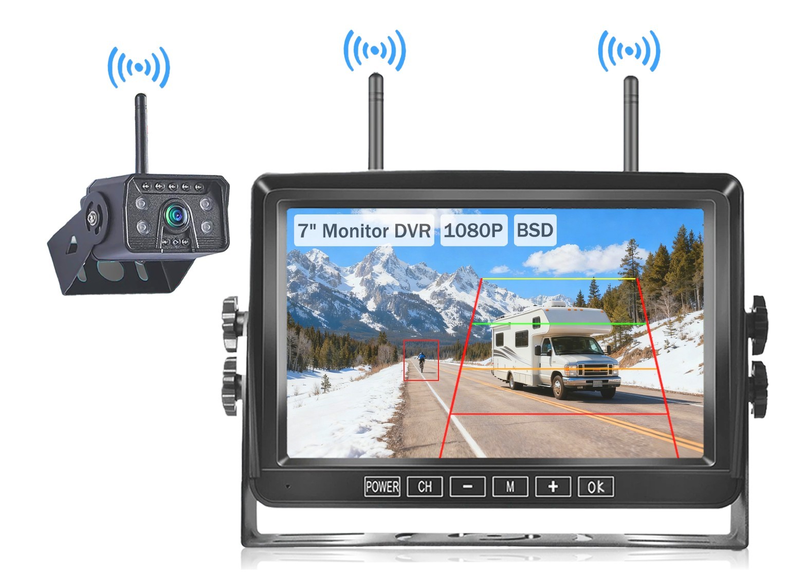 1080P Backup Camera System Wireless 7'' Monitor for RV  Trailer Truck Camper Bus