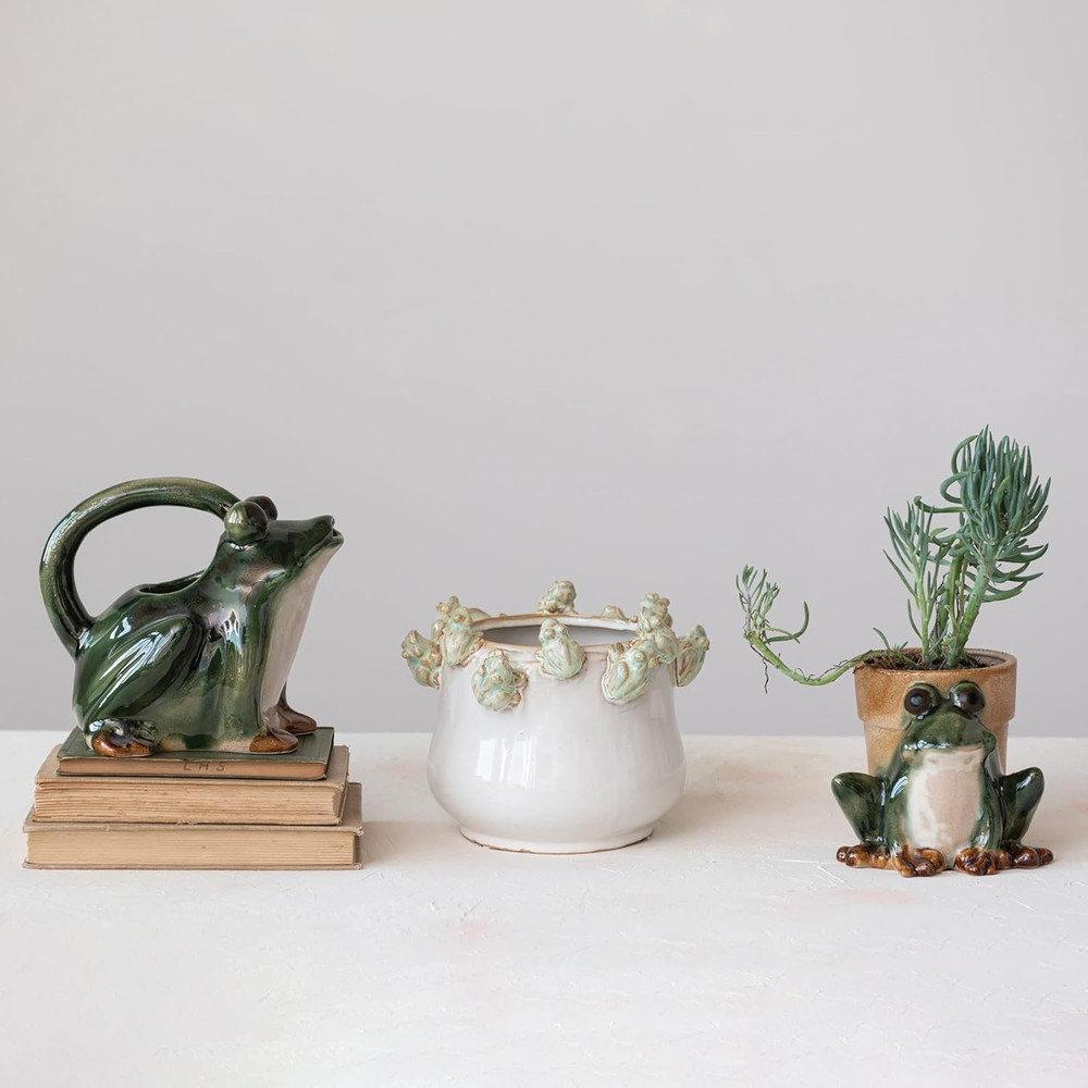 Stoneware Frog Watering Pitcher, Green