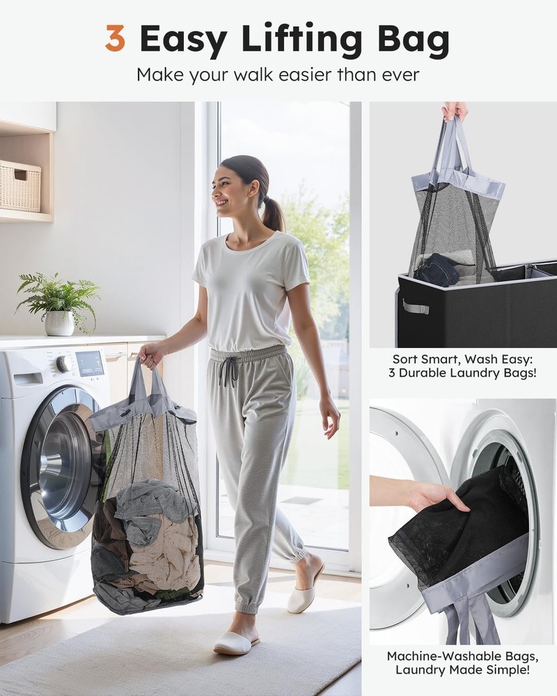 Extra Large 3-Section Laundry Hamper, 180L with Lid - Modern Storage Solution