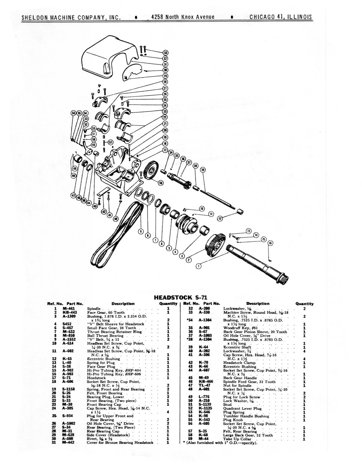 Sheldon 11" Lathe Models S-56 & KS Replacement Parts List Manual #1208
