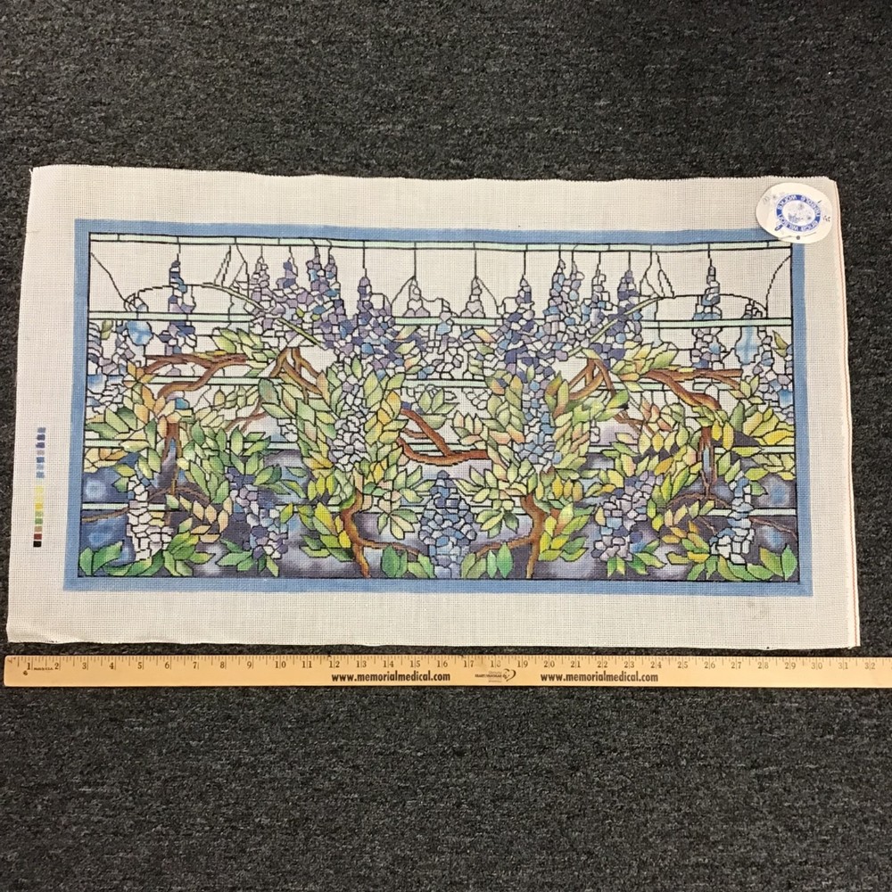 Erica Wilson Stained Glass handpainted Needlework Canvas Piano Benchsize 28"x14"