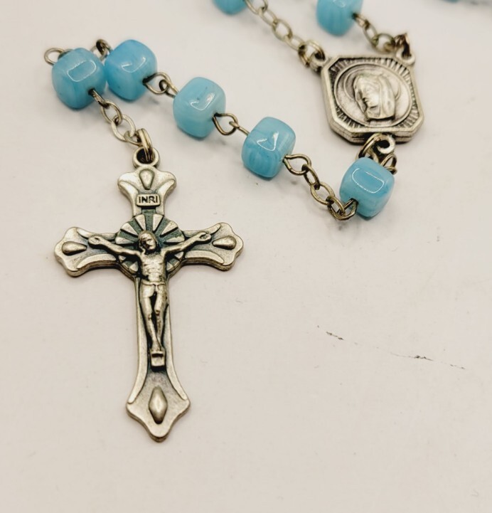 Blue Square Beaded ROSARY 19" † Signed INRI