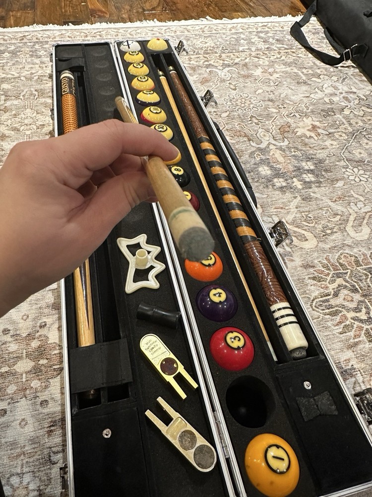 Brunswick Centennial Pool Balls Set With Aramith Case And 2 Schlitz Pool Sticks