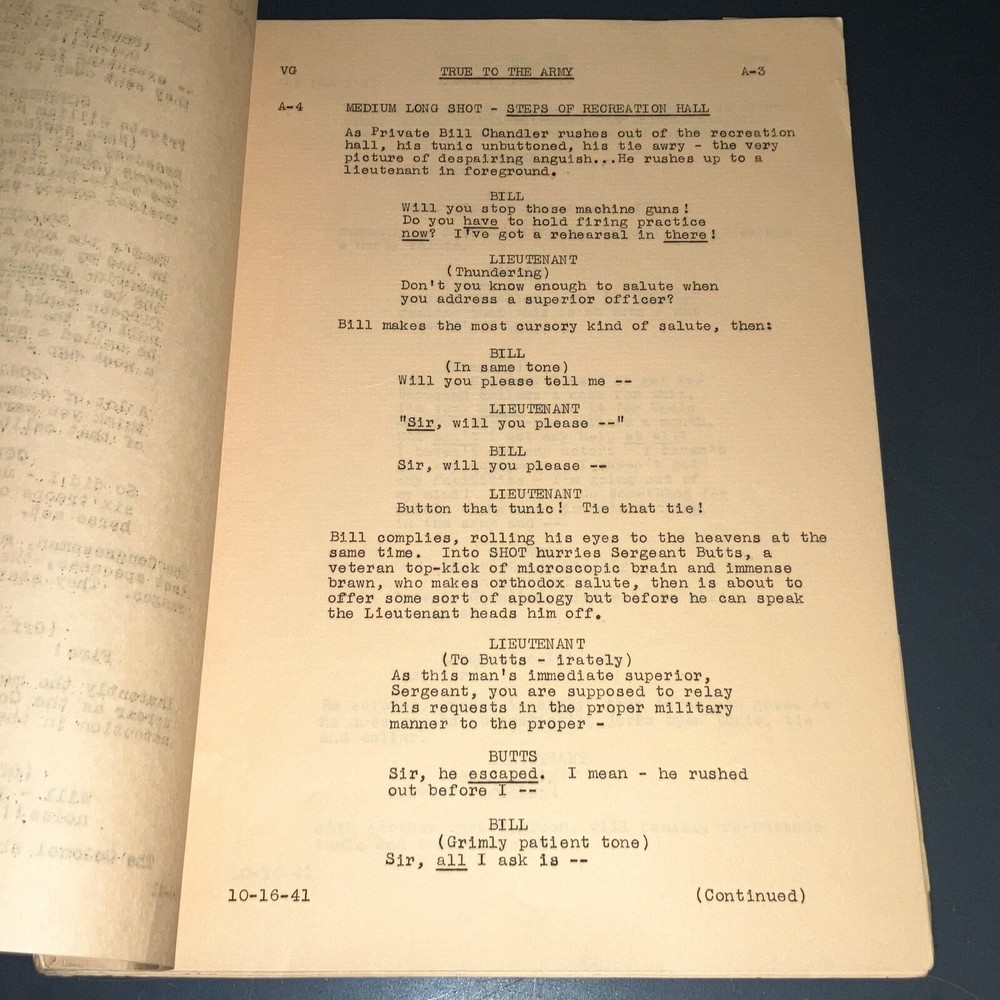 Original 1941 True to the Army Movie Script Paramount Sequence Drafts Archive CO