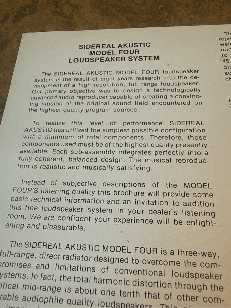 Original 1970s Sidereal Akustic Model Four Speaker System Advertising Spec Sheet
