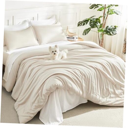 Comforter Set 3 Pieces Lightweight Fluffy Solid Bedding Comforter Queen Beige