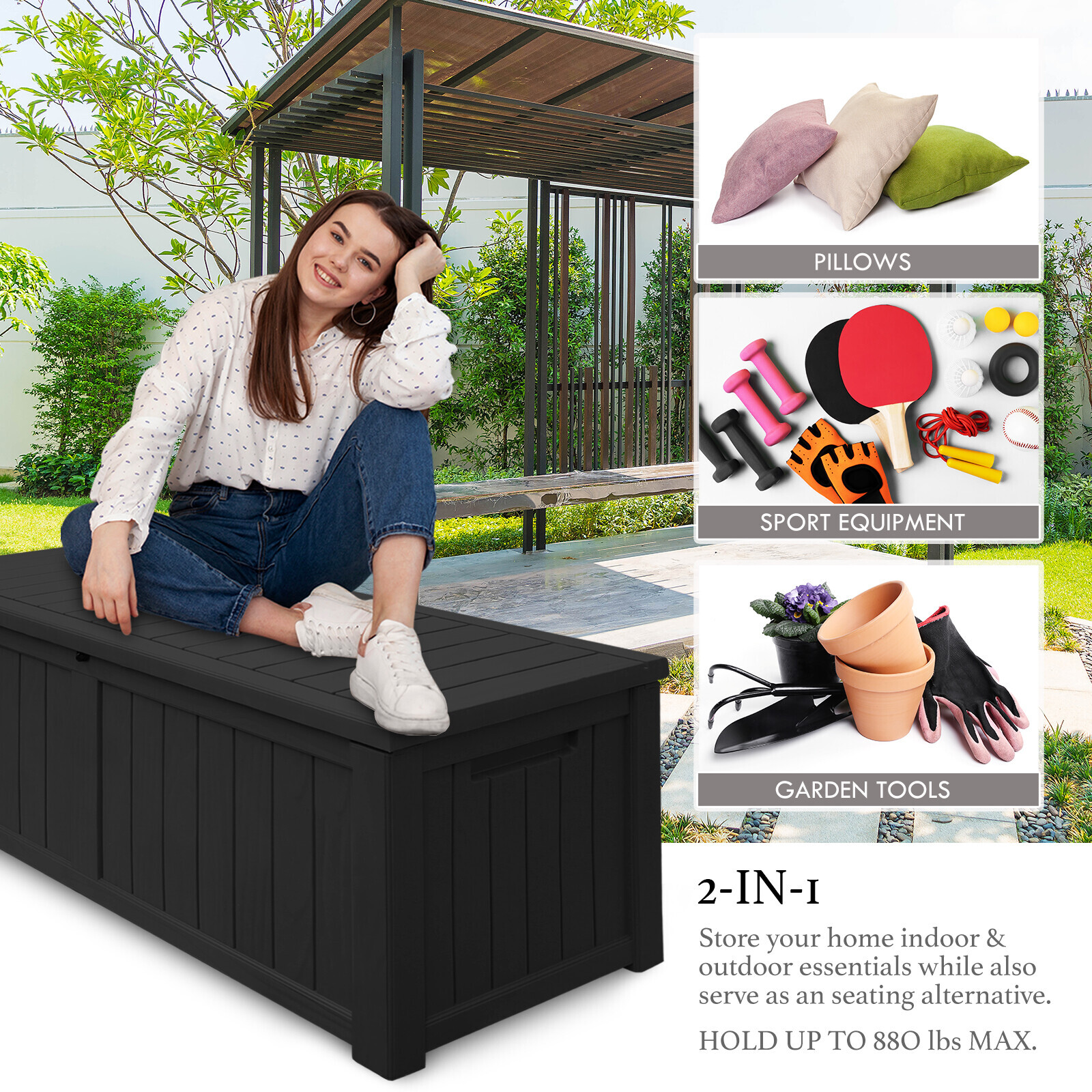 120 Gallon Deck Box Storage Outdoor Garden Patio Chest Organizer Furniture Black