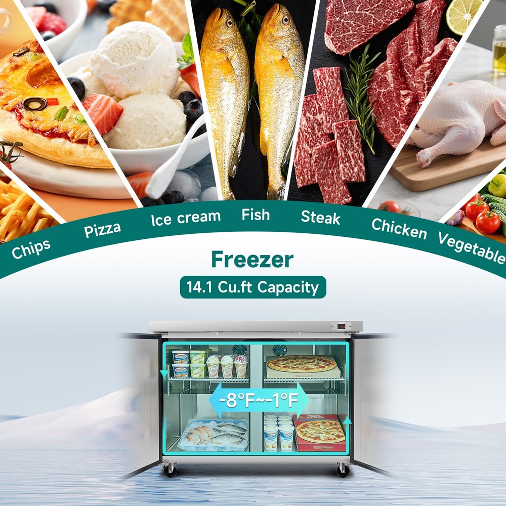 48" Commercial Under Counter Freezer, 2 Doors Undercounter Worktop