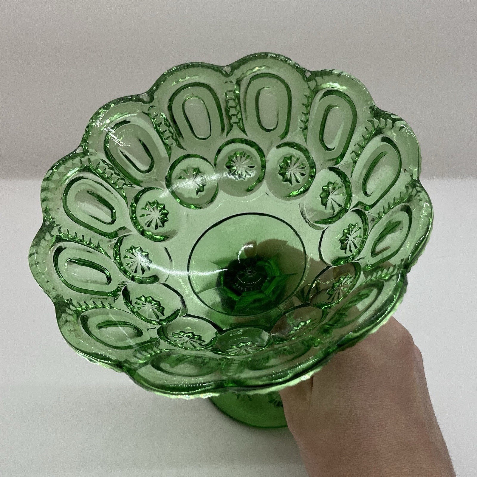 Vintage Fenton LG Wright Moon and Stars Green Glass 5.75" Open Jelly Compote