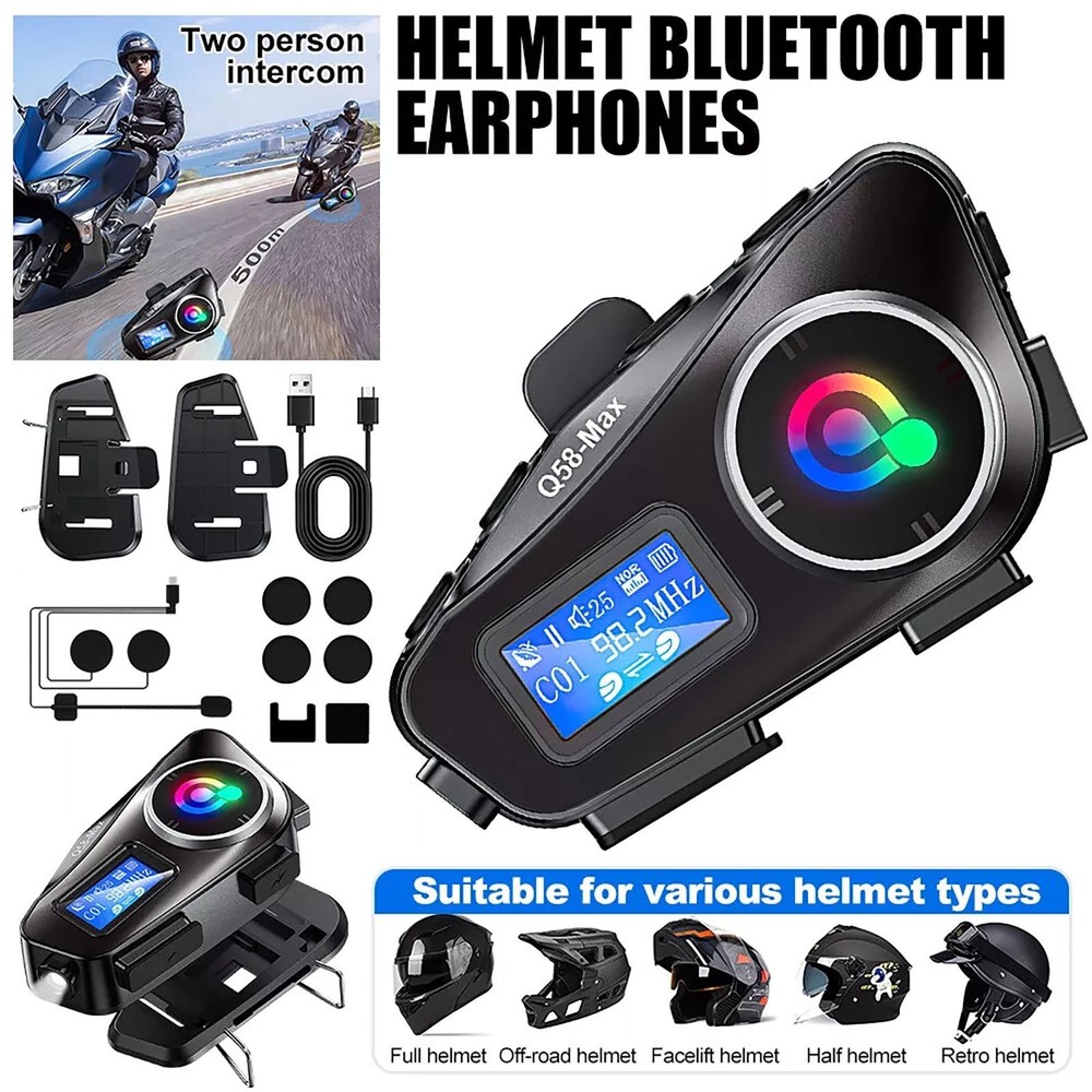 Motorcycle Intercom Helmet Bluetooth Headset support FM radio LCD Waterproof