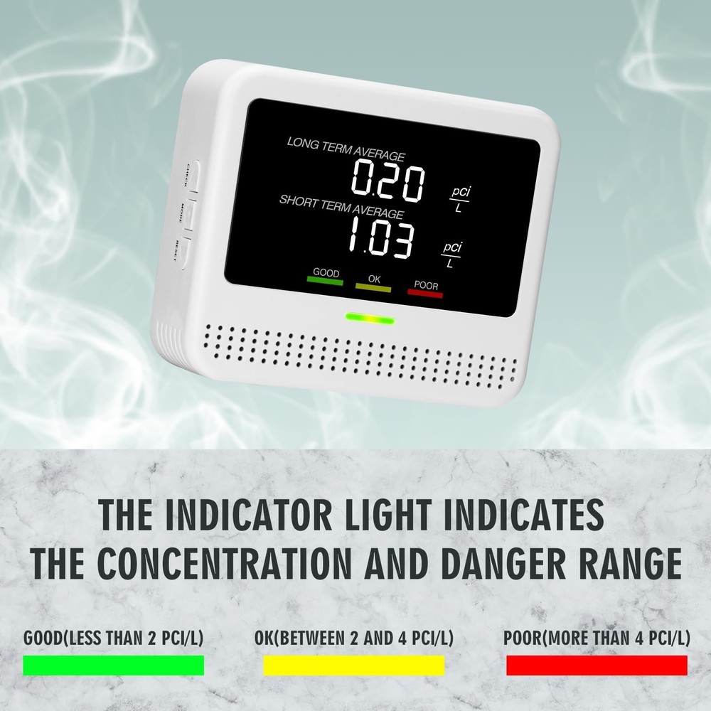 Digital Radon Detector - User-Friendly Desktop Device with HD LCD Display, 2-...