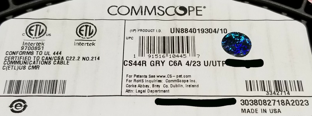 Commscope CS44R Cat6A U/UTP Network Ethernet 10G 10Gig Cable Riser Gray /100ft