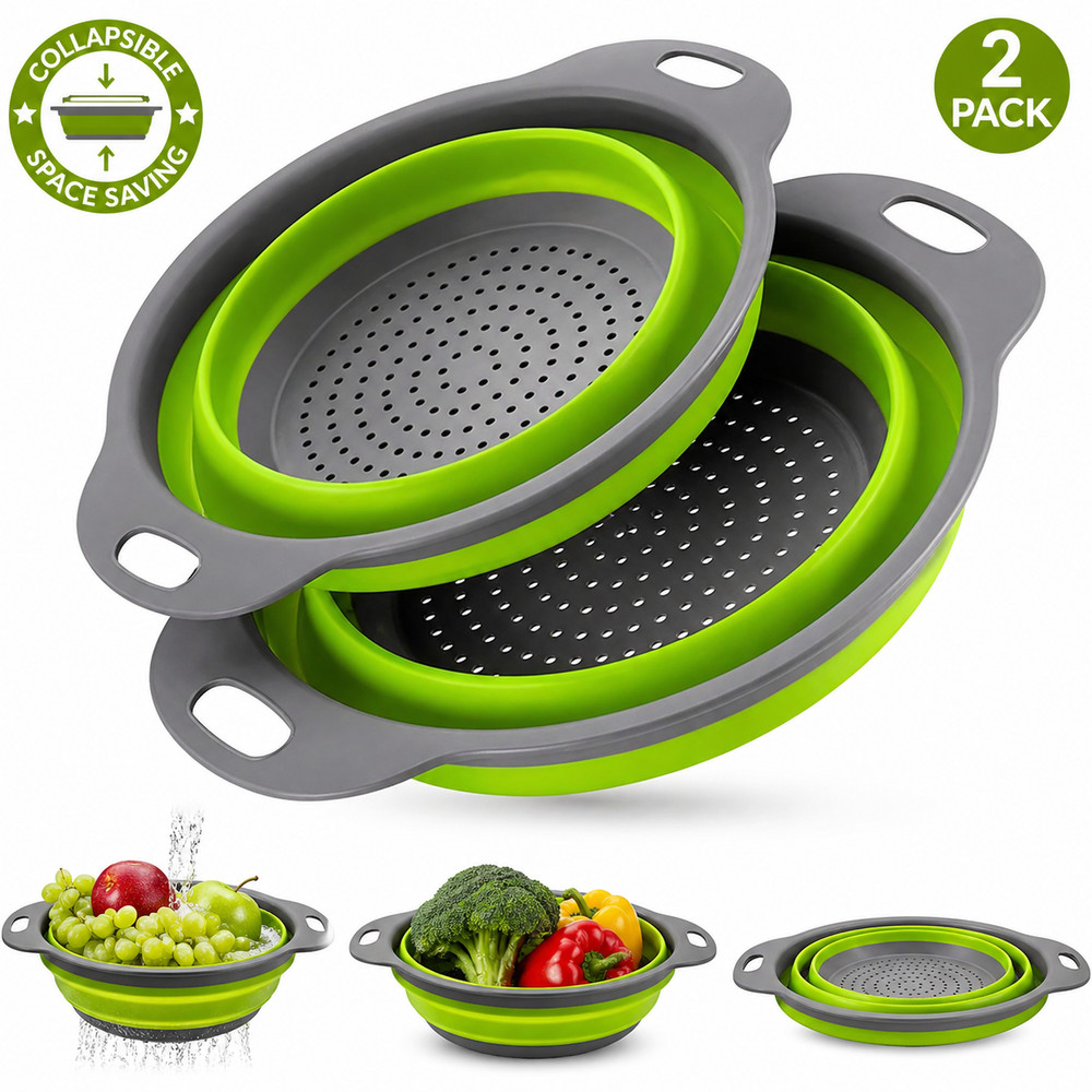 Collapsible Colander Set 2 Pack Silicone Strainer Kitchen Pasta Fruit Drain
