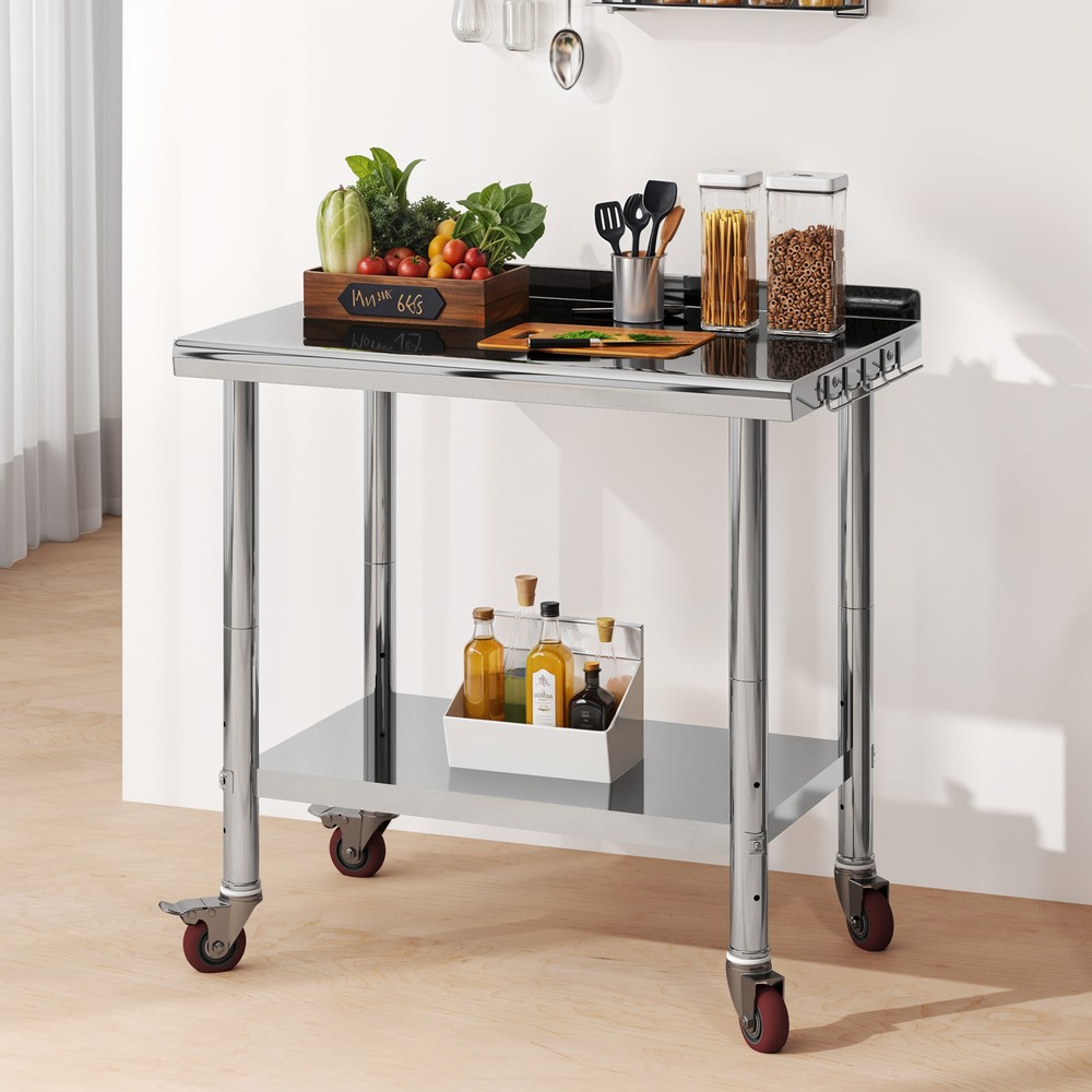 Rolling Work Table Stainless Steel Undershelf Kitchen Prep Backsplash Side Hooks