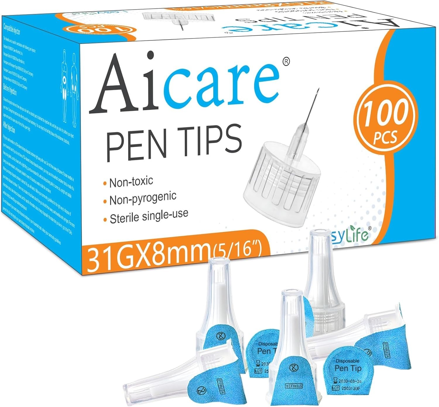 Pen Tips Silicone 31G x 8mm Box of 100 Extra-Thin Wall for Universal Fit