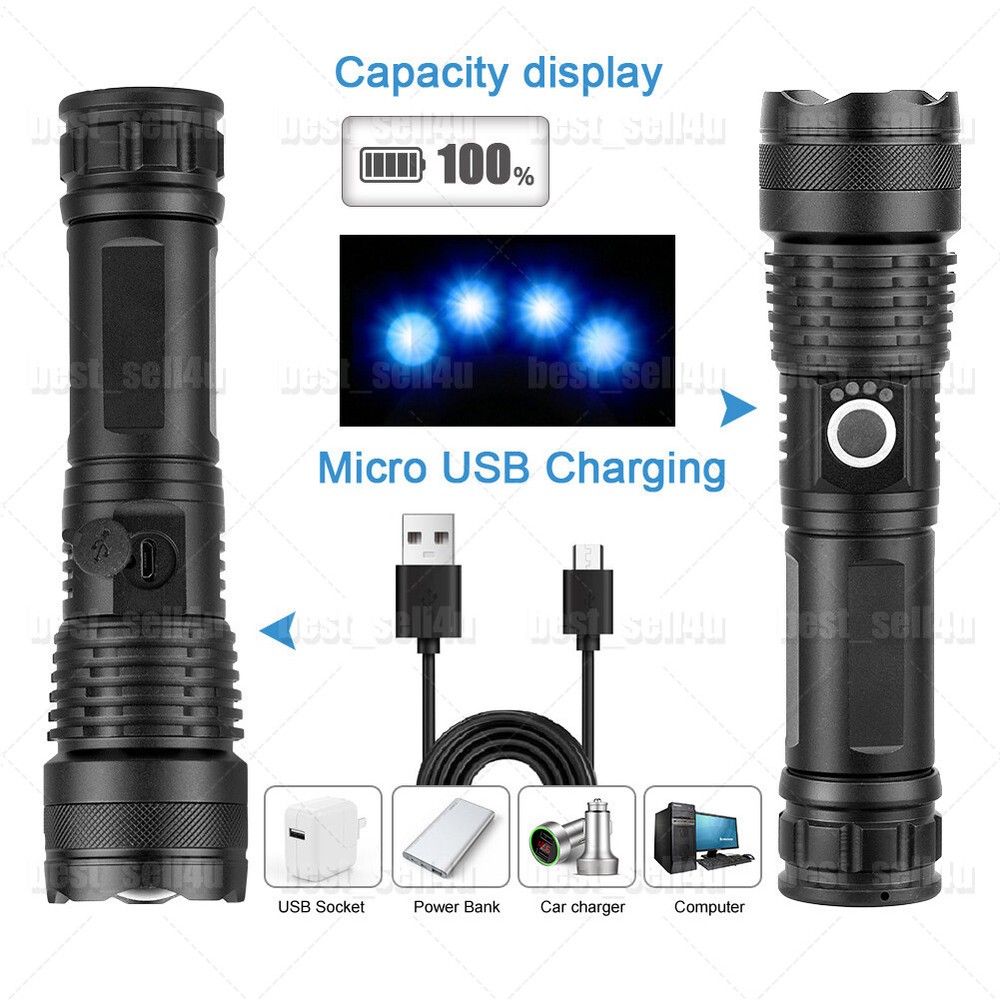 Super Bright LED Flashlight Zoom Bar Torch Rechargeable Waterproof Searchlight