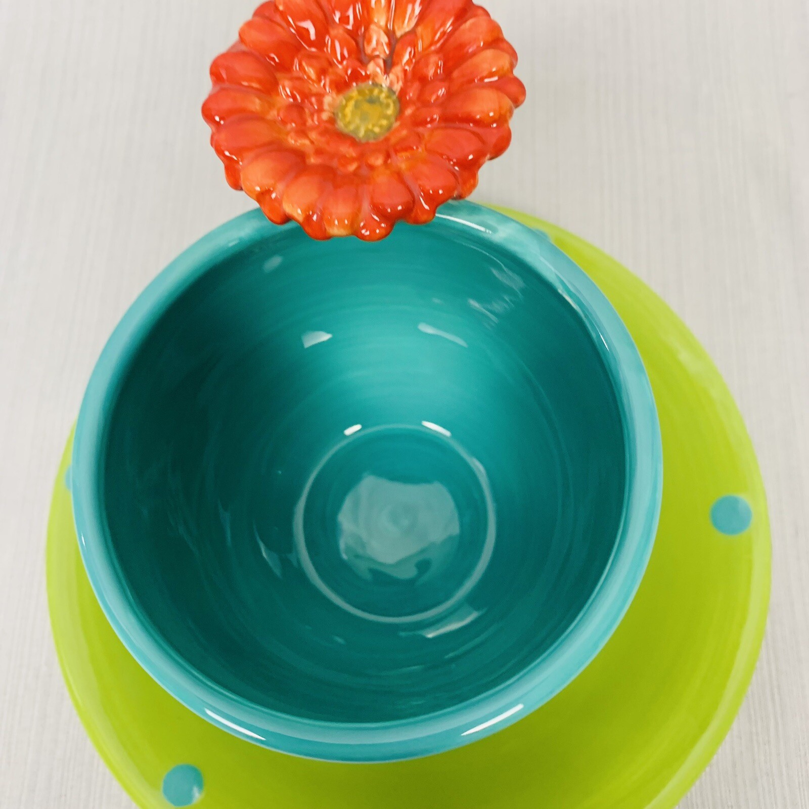 burton+Burton Ceramic Tea Cup & Saucer Polka Dot Flower on Handle Colorful