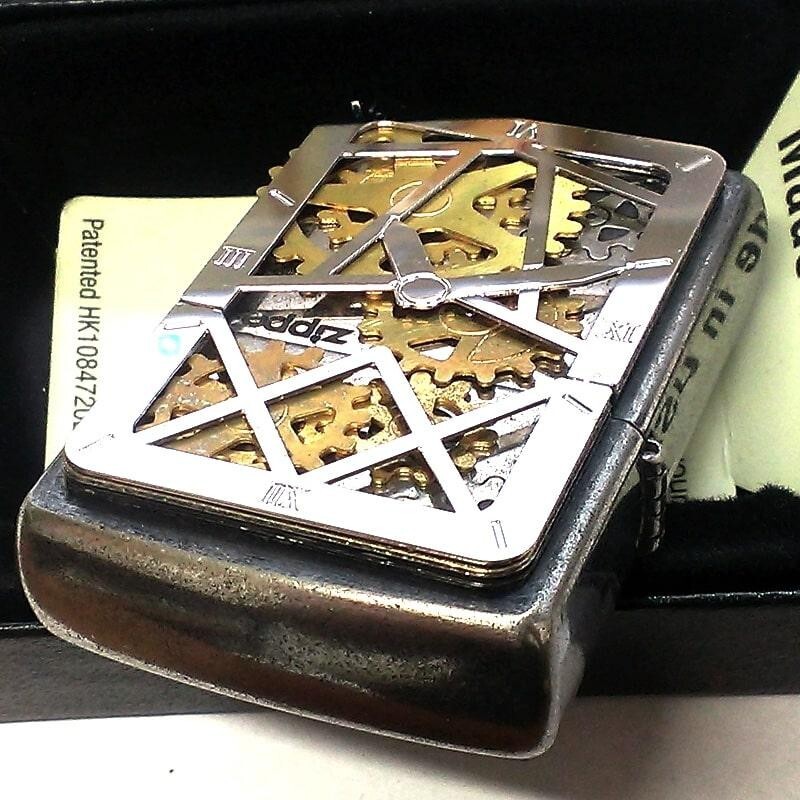 Zippo Gimmic Skeleton Movable Gear Metal Chrome Barrel One Sided Processing