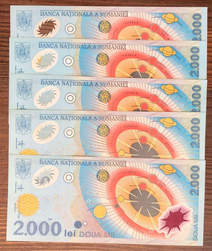 Romania 2000 Lei, 1999, UNC, Polymer X 5 PCS